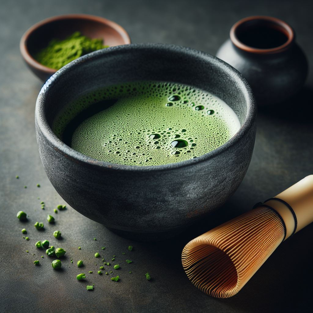 Chawan gris ecofikers con té matcha ceremonial y chasen